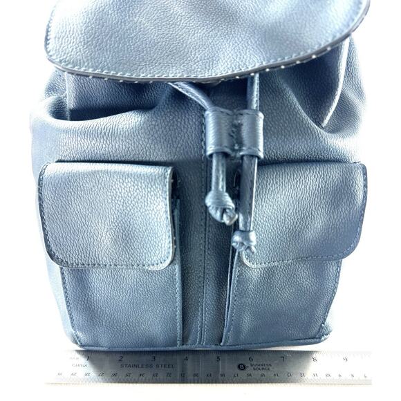 American Eagle AE Blue Faux Leather Mini Backpack Purse Drawstring Flap Bag - Picture 6 of 9